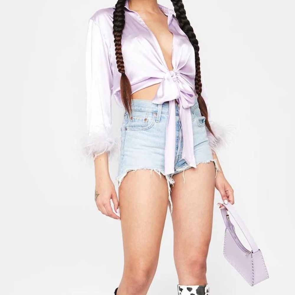 Satin Tie-Front Blouse with feather sleeve cuffs